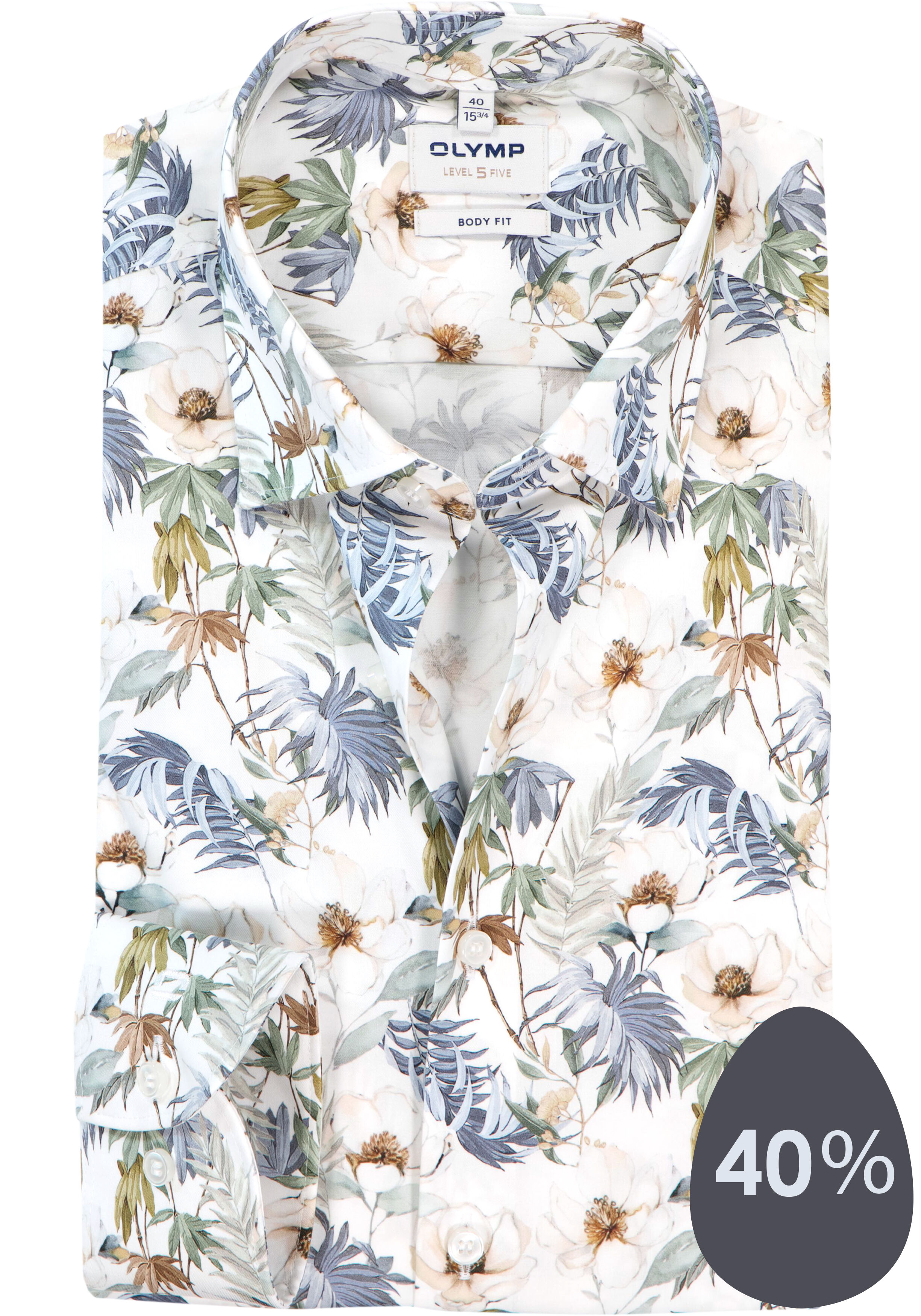OLYMP Level 5 body fit overhemd, dobby, wit met blauw en bruin bloemen dessin